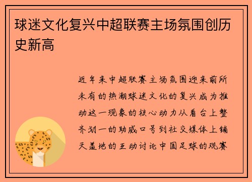 球迷文化复兴中超联赛主场氛围创历史新高