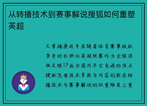 从转播技术到赛事解说搜狐如何重塑英超